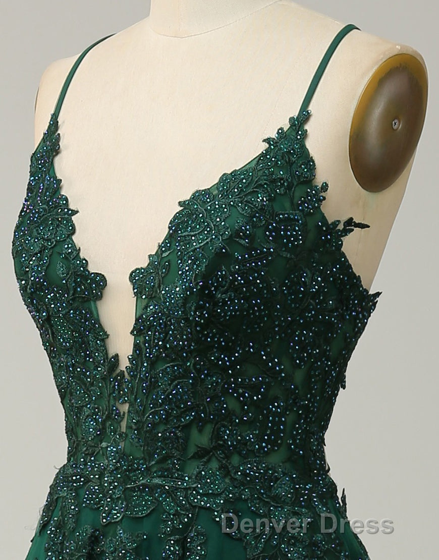 A-Line Tulle Spaghetti Straps Appliques Long Prom Dresses with Alit