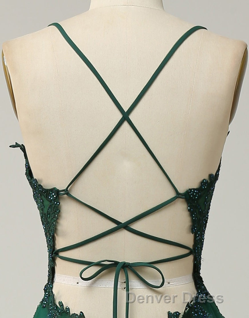 A-Line Tulle Spaghetti Straps Appliques Long Prom Dresses with Alit