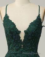 A-Line Tulle Spaghetti Straps Appliques Long Prom Dresses with Alit