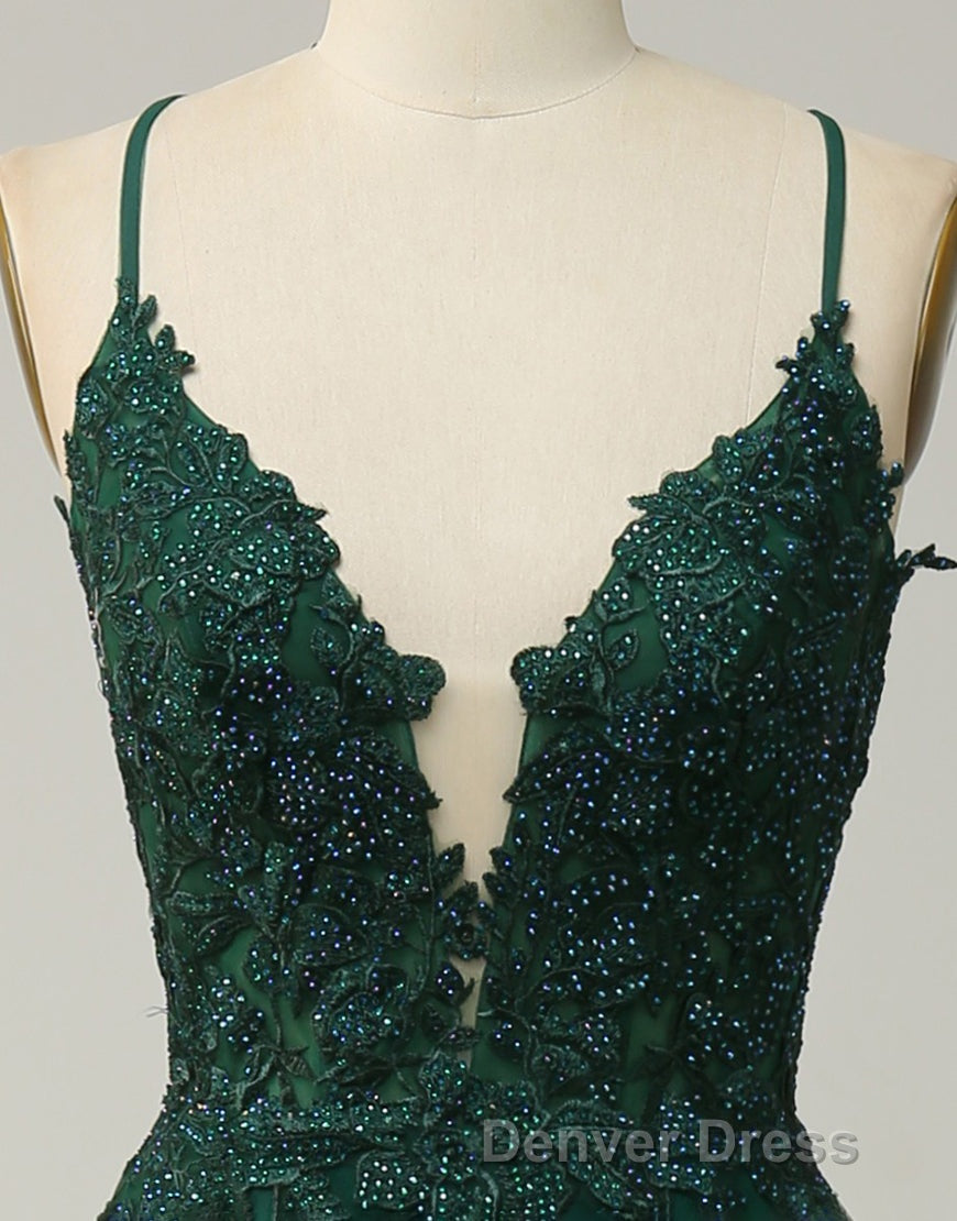 A-Line Tulle Spaghetti Straps Appliques Long Prom Dresses with Alit