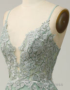 A-Line Tulle Spaghetti Straps Appliques Long Prom Dresses with Alit