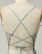 A-Line Tulle Spaghetti Straps Appliques Long Prom Dresses with Alit