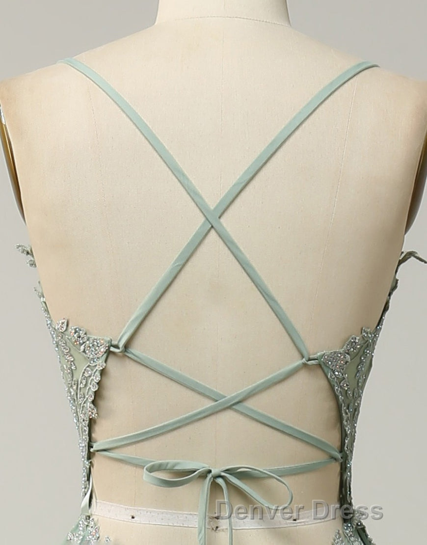 A-Line Tulle Spaghetti Straps Appliques Long Prom Dresses with Alit