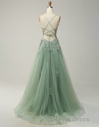 A-Line Tulle Spaghetti Straps Appliques Long Prom Dresses with Alit