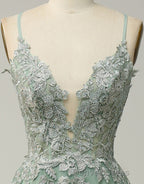 A-Line Tulle Spaghetti Straps Appliques Long Prom Dresses with Alit