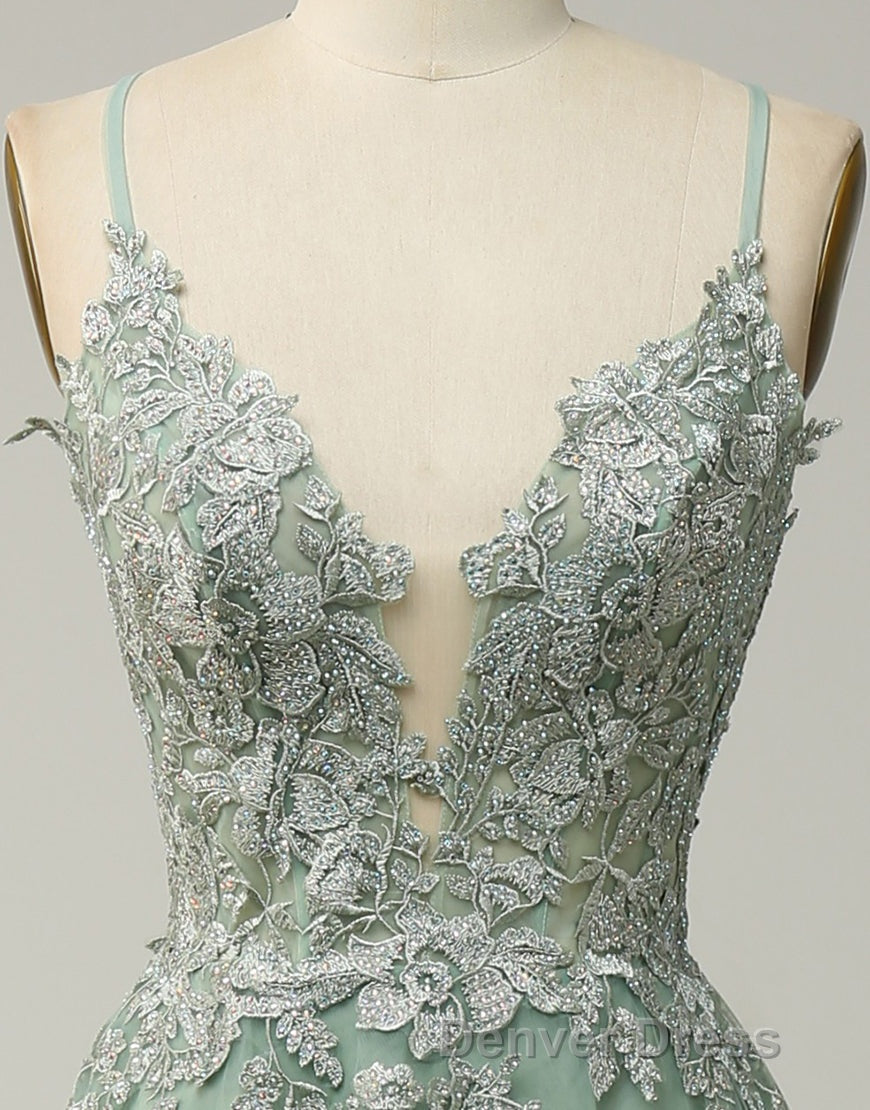 A-Line Tulle Spaghetti Straps Appliques Long Prom Dresses with Alit