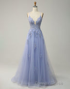 A-Line Tulle Spaghetti Straps Appliques Long Prom Dresses with Alit