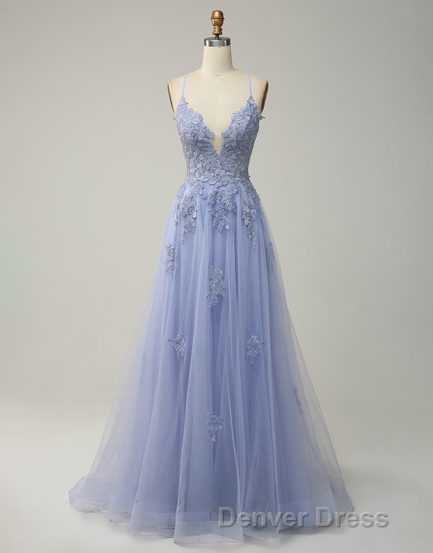 A-Line Tulle Spaghetti Straps Appliques Long Prom Dresses with Alit