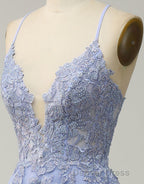 A-Line Tulle Spaghetti Straps Appliques Long Prom Dresses with Alit