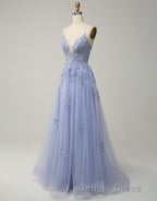 A-Line Tulle Spaghetti Straps Appliques Long Prom Dresses with Alit