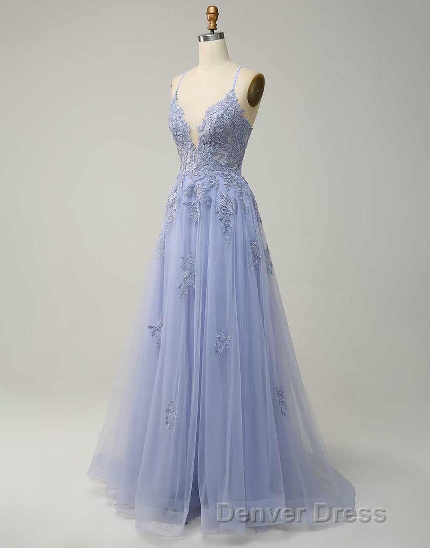 A-Line Tulle Spaghetti Straps Appliques Long Prom Dresses with Alit