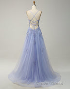 A-Line Tulle Spaghetti Straps Appliques Long Prom Dresses with Alit