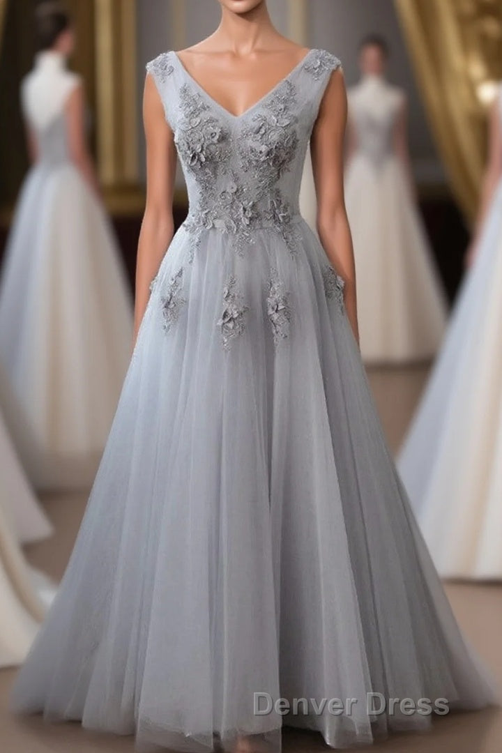 Grey V-Neckline Tulle With Lace Long Formal Dresses, Grey A-Line Prom Dresses Main image
