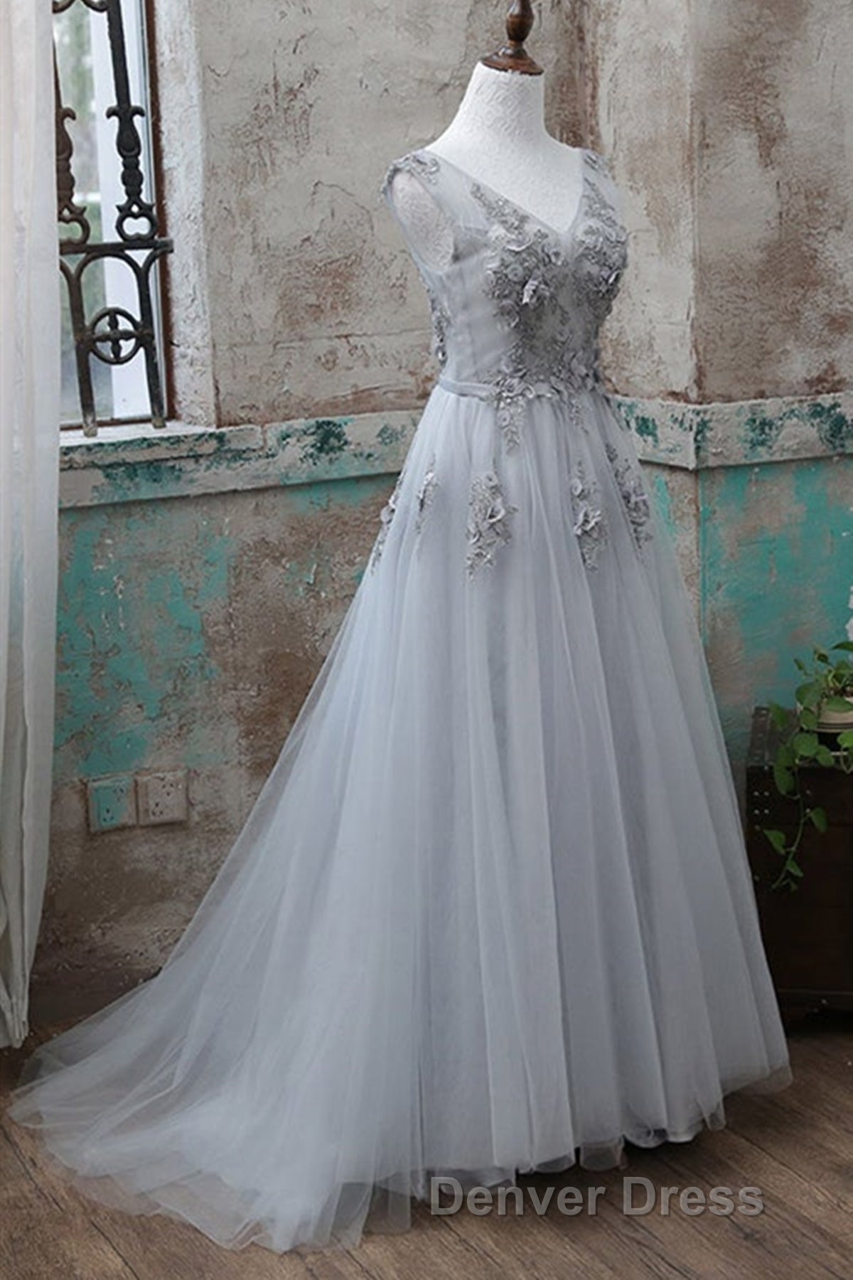Grey V-Neckline Tulle With Lace Long Formal Dresses, Grey A-Line Prom Dresses