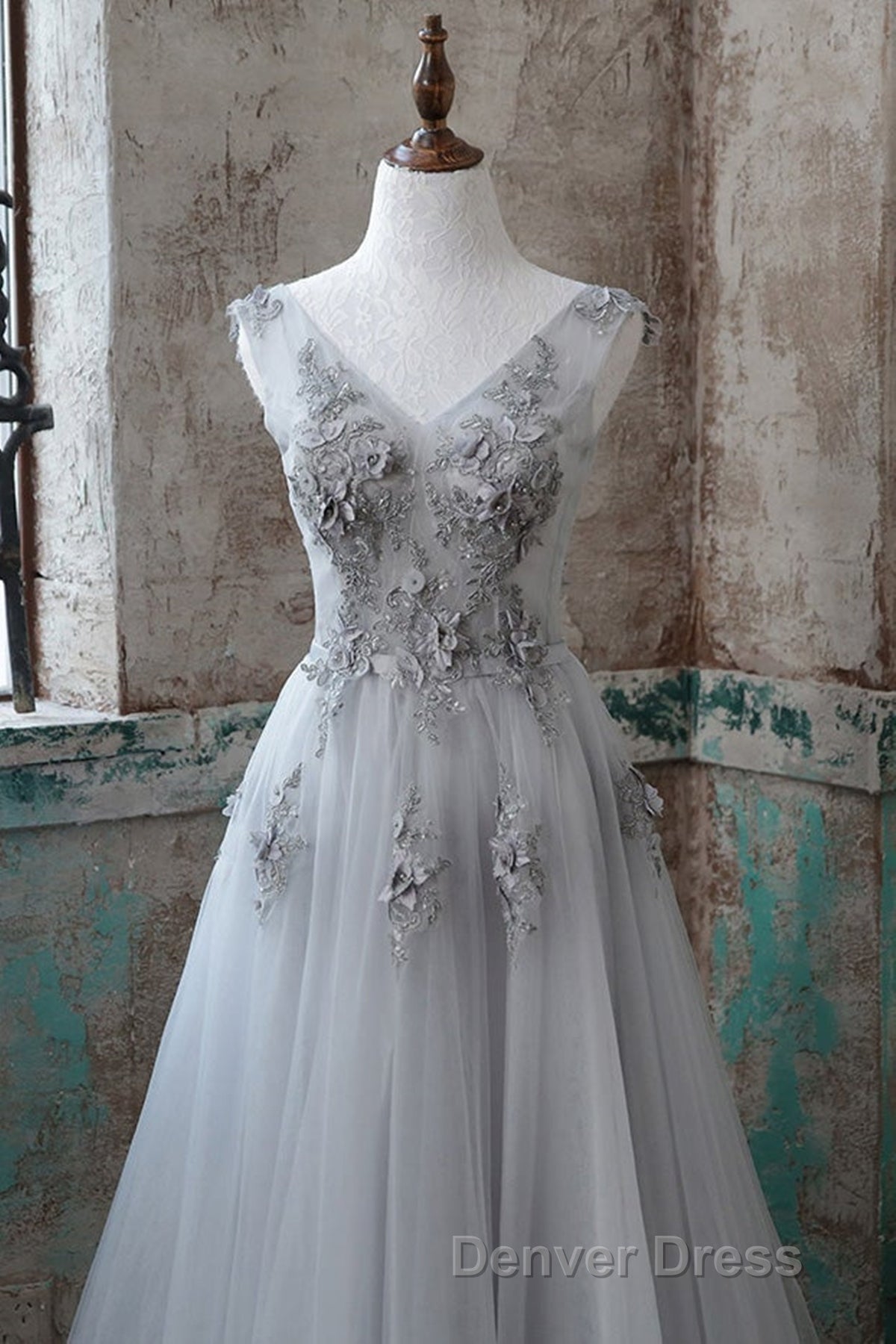 Grey V-Neckline Tulle With Lace Long Formal Dresses, Grey A-Line Prom Dresses Secondary image