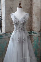Grey V-Neckline Tulle With Lace Long Formal Dresses, Grey A-Line Prom Dresses