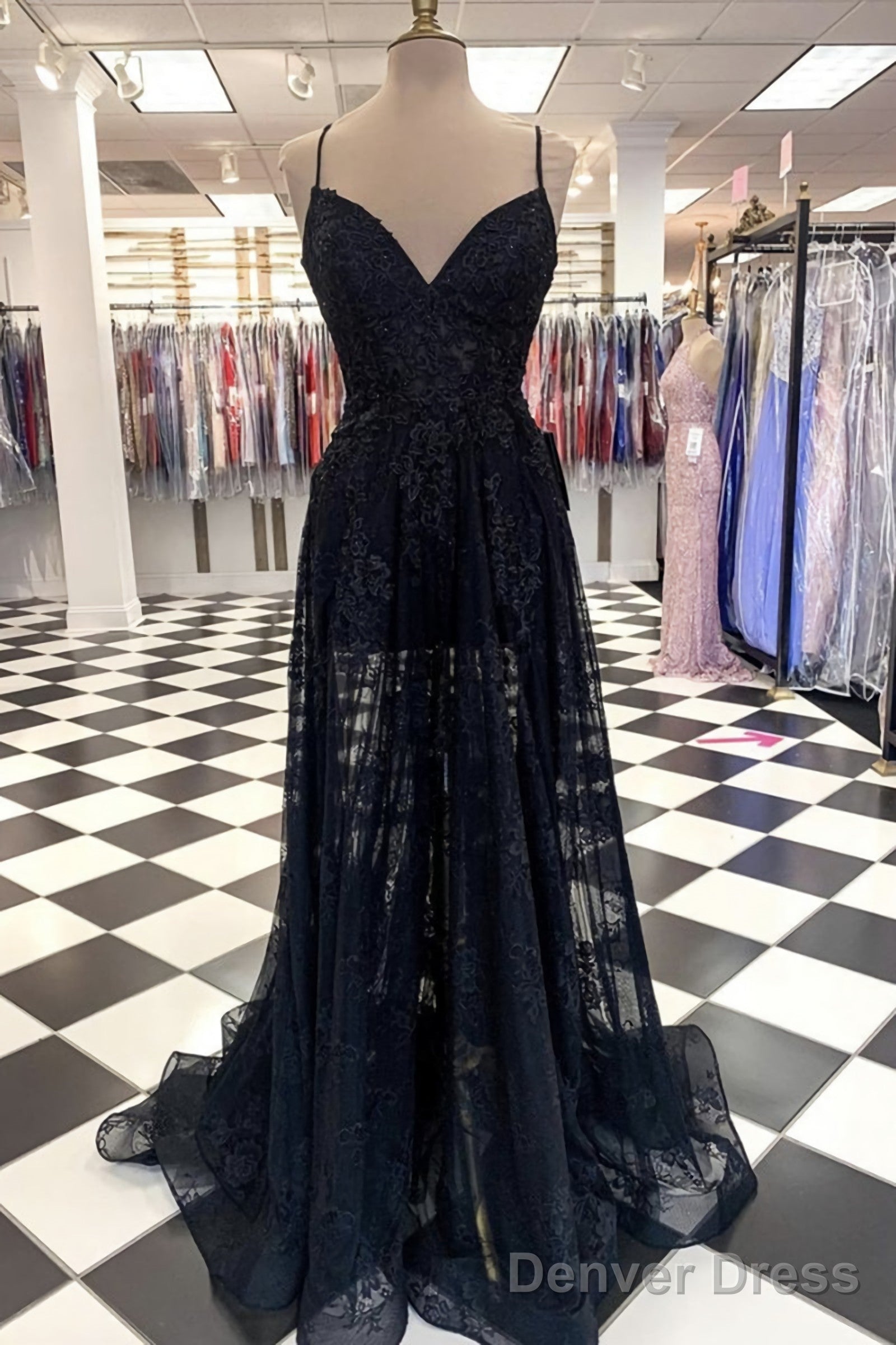 A Line V Neck Long Black Lace Evening Dress, Black Lace Formal Prom Dresses Main image