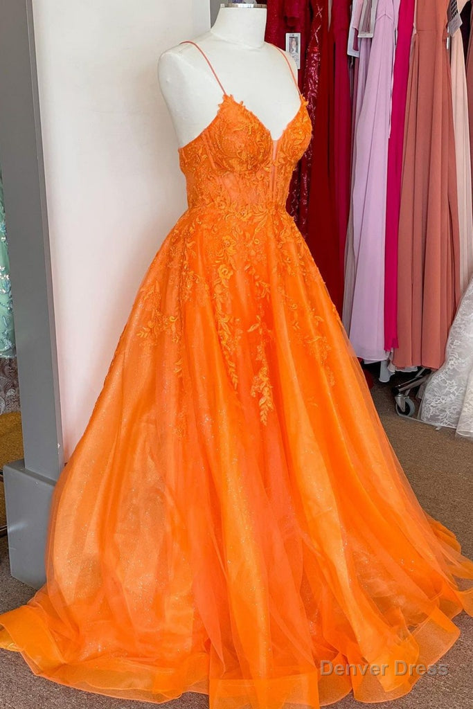 A Line V Neck Orange Lace Long Prom Dress, Orange Lace Prom Dress, Orange Prom Dresses