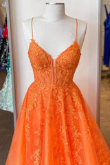 A Line V Neck Orange Lace Long Prom Dress, Orange Lace Formal Dress, Orange Evening Dress