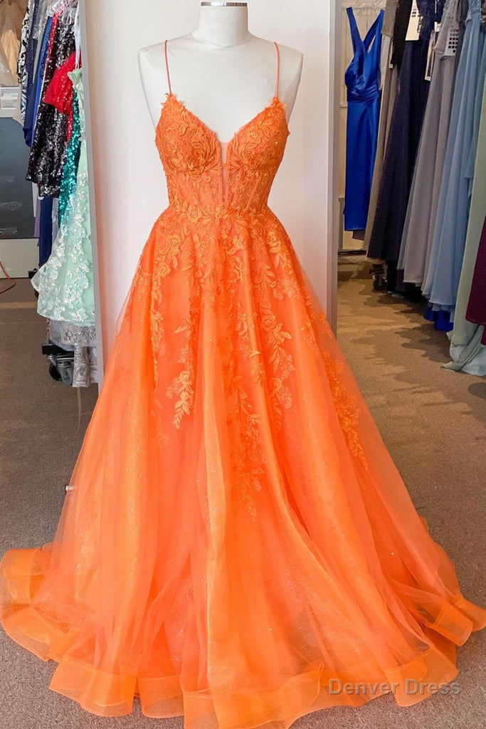 A Line V Neck Orange Lace Long Prom Dress, Orange Lace Prom Dress, Orange Prom Dresses
