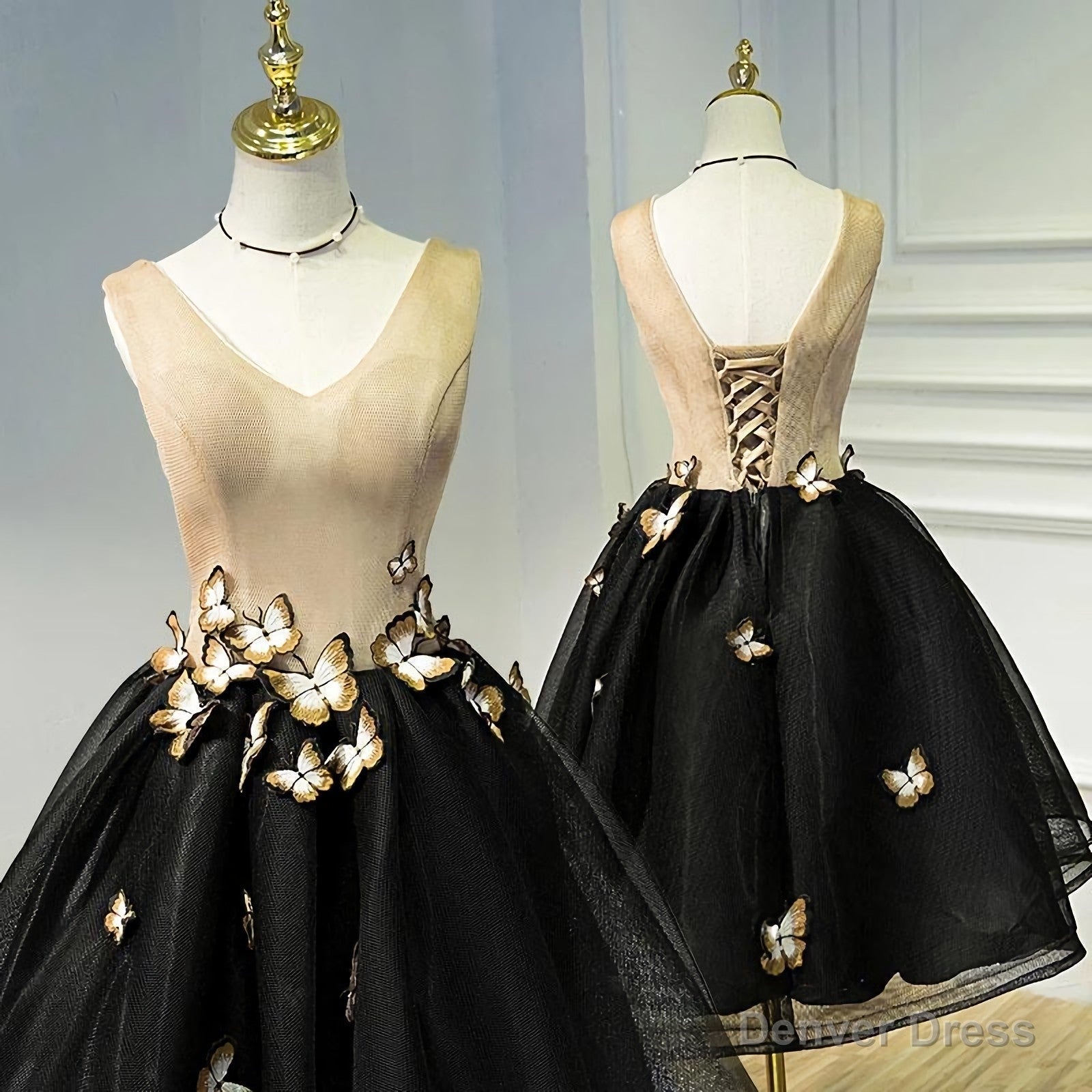 A Line Black V Neck Lace Up Homecoming Dresses, Sleeveless Prom Dress With Butterfly Main image