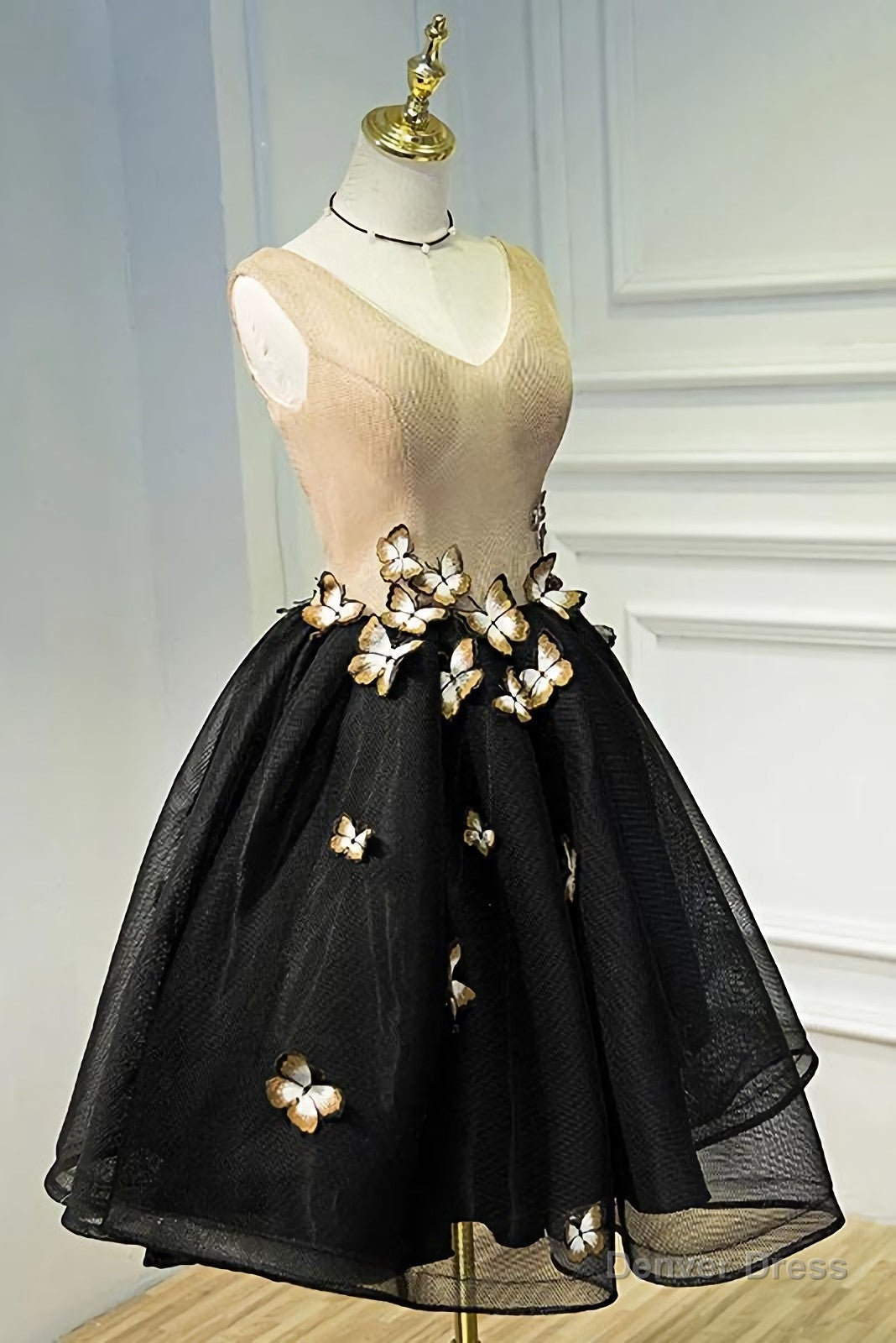 A Line Black V Neck Lace Up Homecoming Dresses, Sleeveless Prom Dress With Butterfly