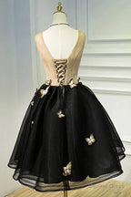 A Line Black V Neck Lace Up Homecoming Dress, Sleeveless Prom Dresses With Butterfly