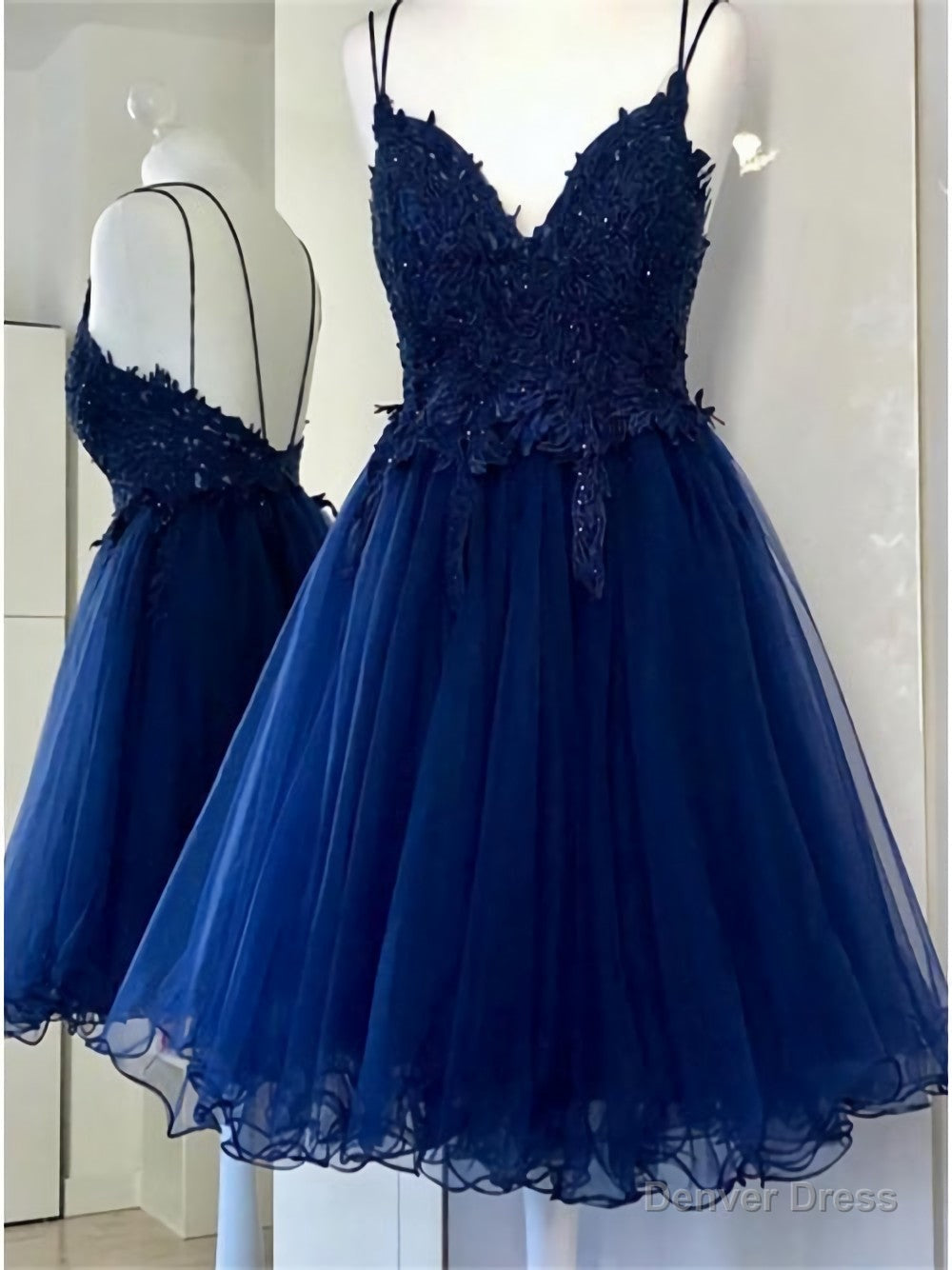 A Line Dual Strapped Royal Blue V Neck Short Prom Dress With Beads Appliques Main image