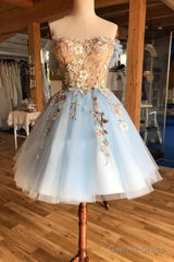 A Line Light Blue Off The Shoulder Above Knee Homecoming Prom Dresses With Appliques