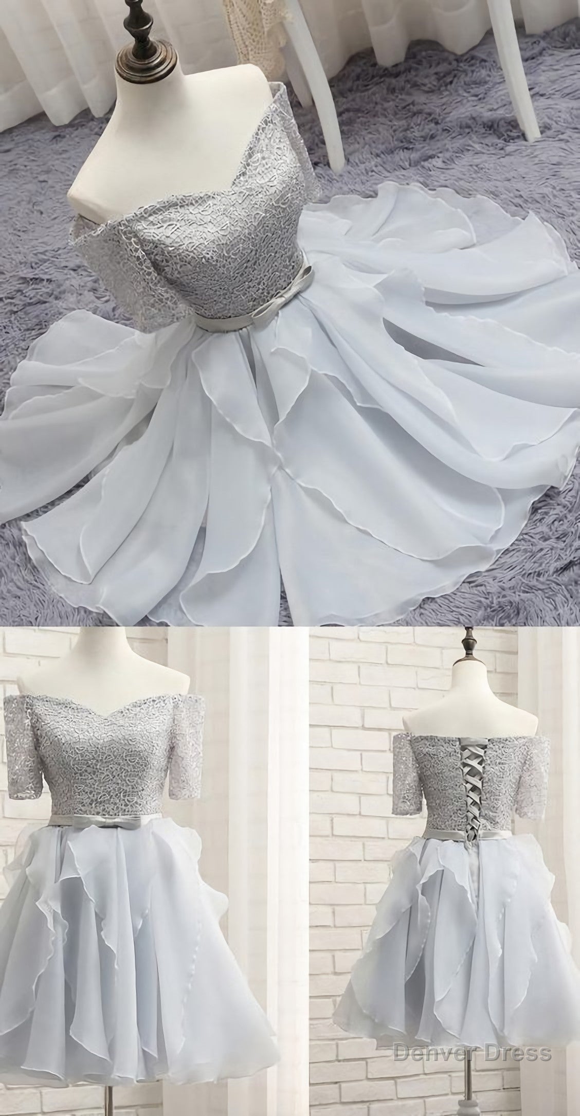Short Silver Prom Homecoming Dress With Bowknot Lace Up Mini Great Prom Dresses, B0272 Main image