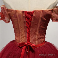 Off Shoulder Short Sleeve Red Lace Homecoming Prom Dresses, Affordable Short Party Corset Back Prom Dresses, Perfect Homecoming Dresses, B0525