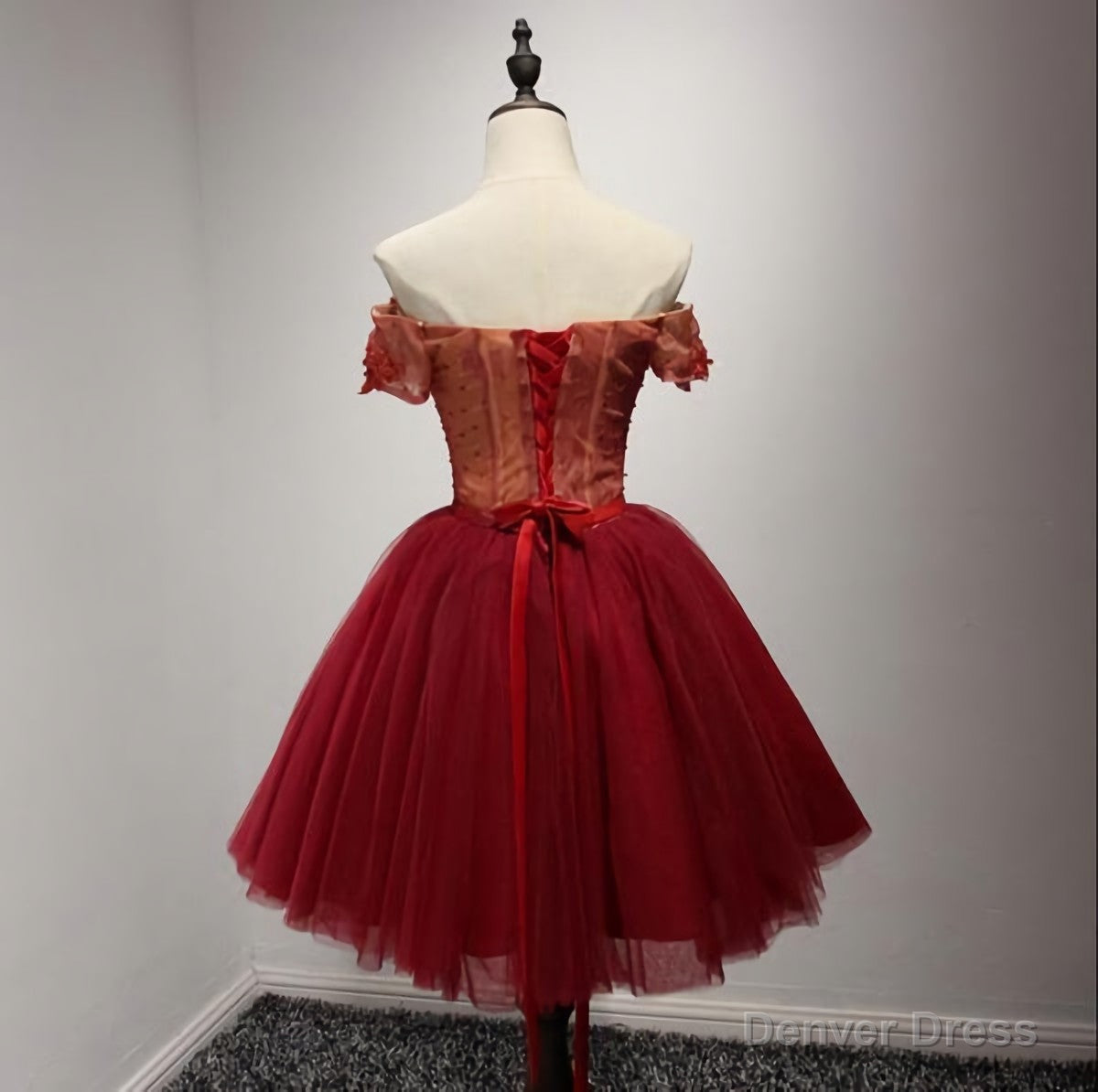 Off Shoulder Short Sleeve Red Lace Homecoming Prom Dress, Affordable Short Prom Corset Back Prom Dress, Perfect Homecoming Dresses, B0525 Secondary image