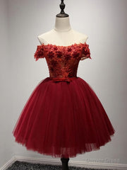 Off Shoulder Short Sleeve Red Lace Homecoming Prom Dresses, Affordable Short Party Corset Back Prom Dresses, Perfect Homecoming Dresses, B0525