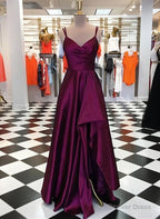 Purple Spaghetti Straps Sleeveless Long Prom Dress, Split Prom Dresses, B0975