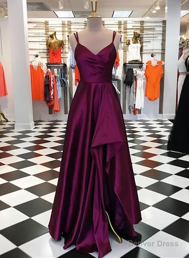 Purple Spaghetti Straps Sleeveless Long Prom Dress, Split Prom Dresses, B0975