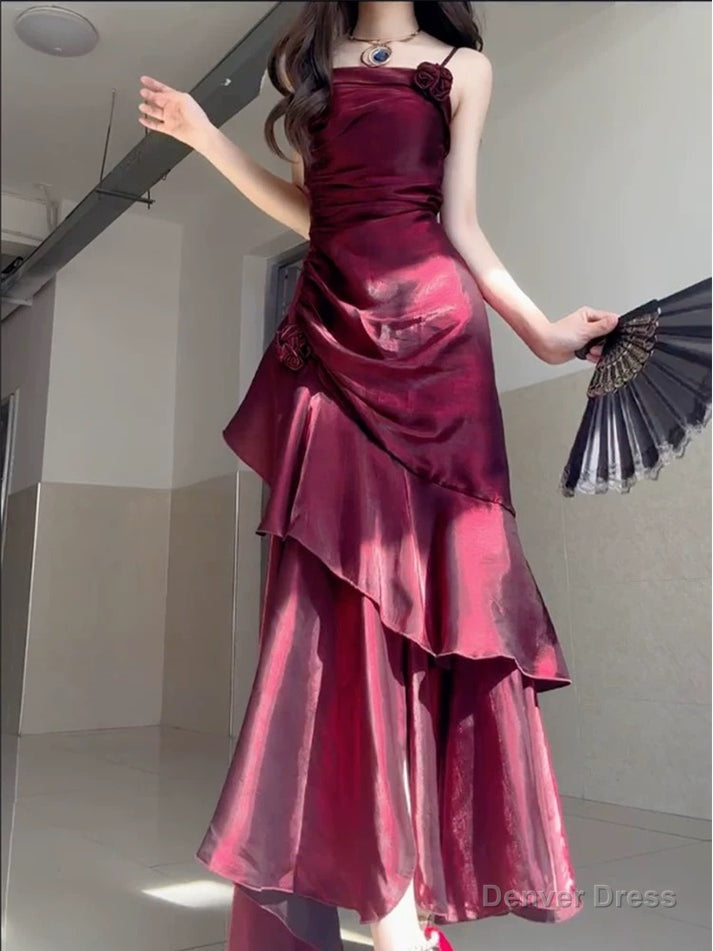 Wine Red Satin Long Straps Prom Dress Wine Red A Line Prom Dresses