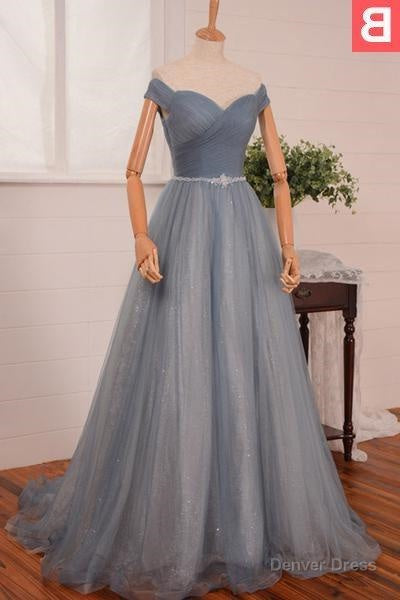 2026 Blue Floor Length Long A Line Off The Shoulder Beading Tulle Prom Dresses Secondary image