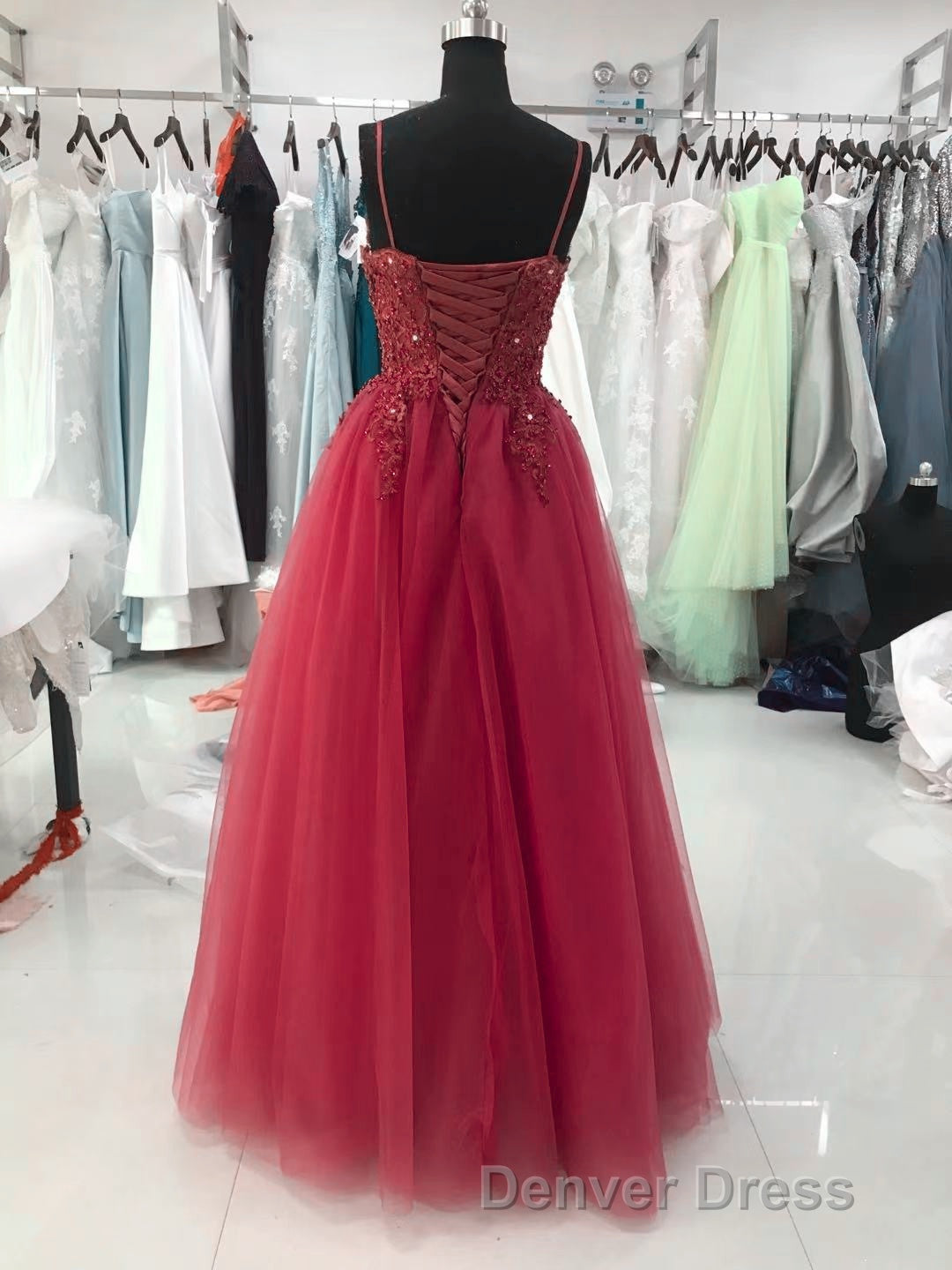 Wine Red Tulle Straps Lace Applique Long Prom Dress, Wine Red Prom Dresses