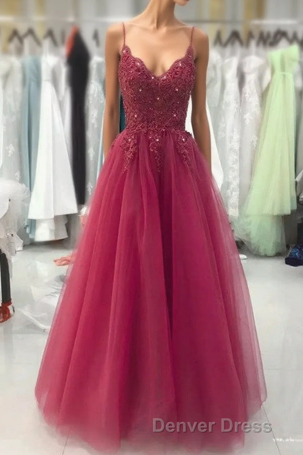 Wine Red Tulle Straps Lace Applique Long Formal Dresses, Wine Red Prom Dresses Main image