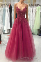 Wine Red Tulle Straps Lace Applique Long Formal Dresses, Wine Red Prom Dresses