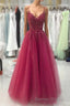 Wine Red Tulle Straps Lace Applique Long Formal Dresses, Wine Red Prom Dresses