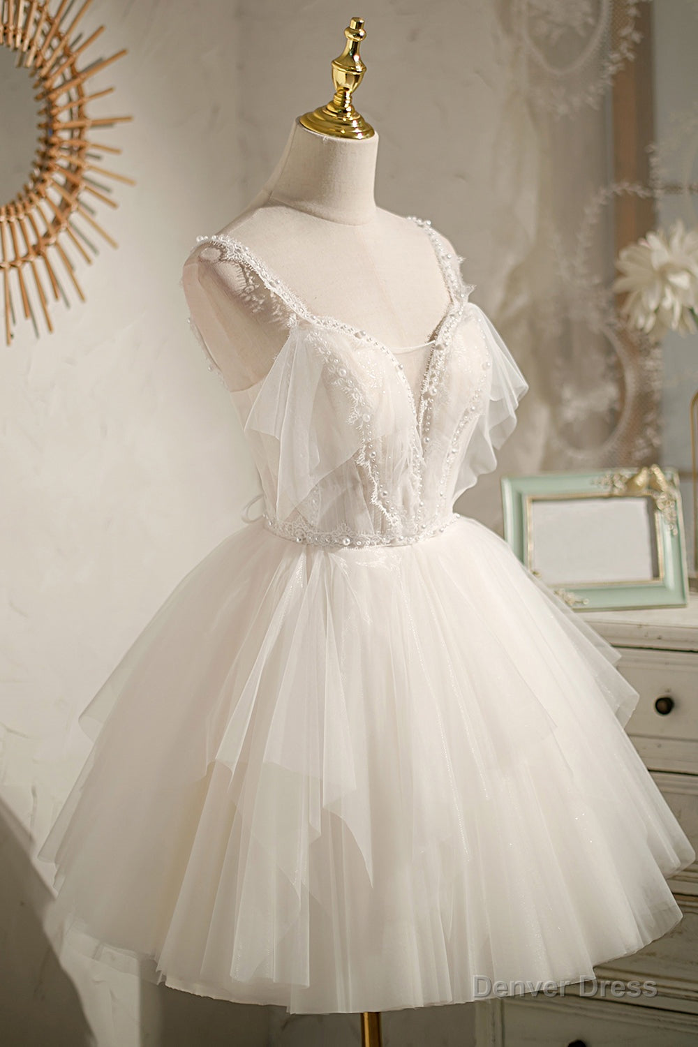 Ivory V Neck Spaghetti Straps Beading Short Homecoming Dresses Secondary image
