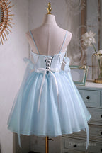 Cute Sky Blue Beading Bowknot Short Princess Homecoming Dresses