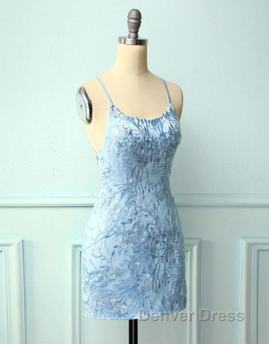 Baby Blue Spaghetti Straps Tight Homecoming Dresses With Appliques Secondary image