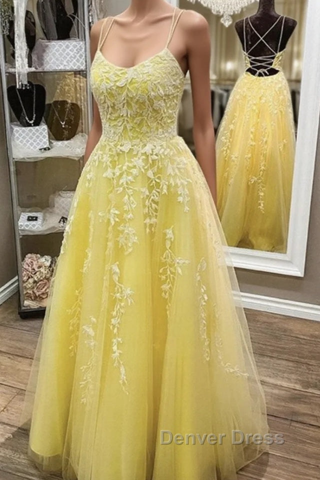 Backless Yellow Lace Formal Prom Dresses