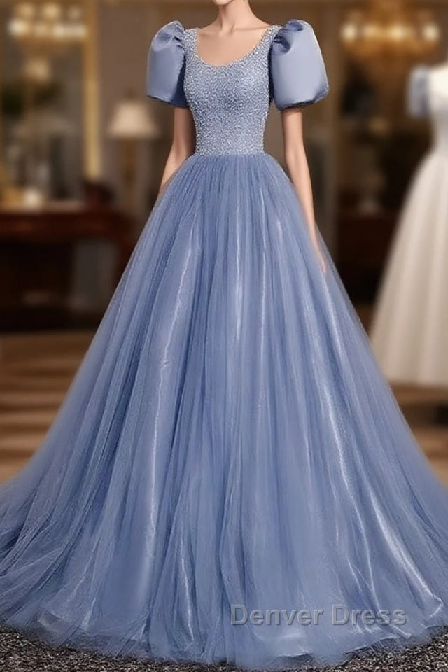 Ball Gown Dusty Blue Prom Dresses with Bubble Sleeves