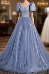 Ball Gown Dusty Blue Prom Dresses with Bubble Sleeves