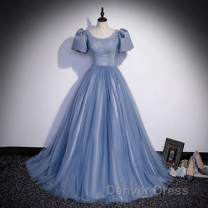 Ball Gown Dusty Blue Prom Dresses with Bubble Sleeves
