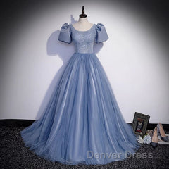 Ball Gown Dusty Blue Prom Dresses with Bubble Sleeves