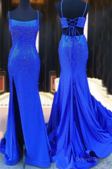 Beaded Mermaid Royal Blue Slit Long Prom Dress Main image